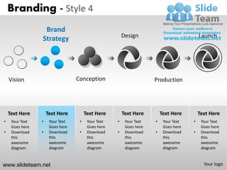 Branding - Style 4
                  Brand
                                                        Design                            Launch
                 Strategy




    Vision                        Conception                         Production




    Text Here        Text Here         Text Here        Text Here        Text Here        Text Here
•    Your Text   •    Your Text    •    Your Text   •    Your Text   •    Your Text   •    Your Text
     Goes here        Goes here         Goes here        Goes here        Goes here        Goes here
•    Download    •    Download     •    Download    •    Download    •    Download    •    Download
     this             this              this             this             this             this
     awesome          awesome           awesome          awesome          awesome          awesome
     diagram          diagram           diagram          diagram          diagram          diagram


www.slideteam.net                                                                           Your logo
 