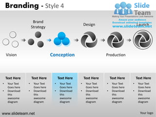 Branding - Style 4
                      Brand
                                                        Design                            Launch
                     Strategy




    Vision                        Conception                         Production




    Text Here        Text Here         Text Here        Text Here        Text Here        Text Here
•    Your Text   •    Your Text    •    Your Text   •    Your Text   •    Your Text   •    Your Text
     Goes here        Goes here         Goes here        Goes here        Goes here        Goes here
•    Download    •    Download     •    Download    •    Download    •    Download    •    Download
     this             this              this             this             this             this
     awesome          awesome           awesome          awesome          awesome          awesome
     diagram          diagram           diagram          diagram          diagram          diagram


www.slideteam.net                                                                           Your logo
 