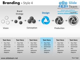 Branding - Style 4
                      Brand
                     Strategy                       Design                                Launch




    Vision                        Conception                         Production




    Text Here        Text Here         Text Here        Text Here        Text Here        Text Here
•    Your Text   •    Your Text    •    Your Text   •    Your Text   •    Your Text   •    Your Text
     Goes here        Goes here         Goes here        Goes here        Goes here        Goes here
•    Download    •    Download     •    Download    •    Download    •    Download    •    Download
     this             this              this             this             this             this
     awesome          awesome           awesome          awesome          awesome          awesome
     diagram          diagram           diagram          diagram          diagram          diagram


www.slideteam.net                                                                           Your logo
 