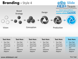 Branding - Style 4
                      Brand
                                                        Design                            Launch
                     Strategy




    Vision                        Conception                         Production




    Text Here        Text Here         Text Here        Text Here        Text Here        Text Here
•    Your Text   •    Your Text    •    Your Text   •    Your Text   •    Your Text   •    Your Text
     Goes here        Goes here         Goes here        Goes here        Goes here        Goes here
•    Download    •    Download     •    Download    •    Download    •    Download    •    Download
     this             this              this             this             this             this
     awesome          awesome           awesome          awesome          awesome          awesome
     diagram          diagram           diagram          diagram          diagram          diagram


www.slideteam.net                                                                           Your logo
 