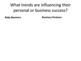 What trends are influencing their
    personal or business success?
Baby Boomers        Business Partners
 
