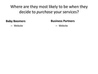 Where are they most likely to be when they
     decide to purchase your services?

Baby Boomers           Business Partners
   – Website              – Website
 