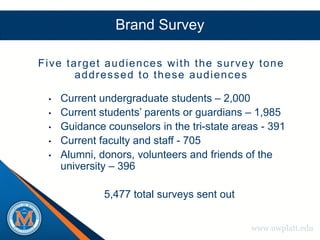 Brand Survey

Five target audiences with the survey tone
       addressed to these audiences

 •   Current undergraduate students – 2,000
 •   Current students’ parents or guardians – 1,985
 •   Guidance counselors in the tri-state areas - 391
 •   Current faculty and staff - 705
 •   Alumni, donors, volunteers and friends of the
     university – 396

              5,477 total surveys sent out


                                             www.uwplatt.edu
 