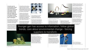 Source: Food and Drink Futures report (UK), 2017
Younger gen has access to information, follow global
trends, care about environmental change - forcing
suppliers to transform.
 