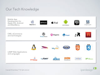 Our Tech Knowledge 
Mobile App 
Development for 
Apple iOS, Android 
and BlackBerry 
CMS, eCommerce 
and technologies 
LAMP Web Applications 
and Languages 
Copyright © Iperdesign.™ All rights reserved. 
 