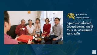 Target Customer
ลูกค้ำเป้ำหมำย
กลุ่มเป้าหมายที่ต่างกัน
มีความต้องการ, การใช้
ภาษา และ ความชอบ ที่
แตกต่างกัน
 