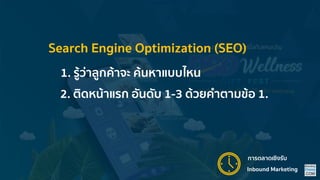 Search Engine Optimization (SEO)
1. รู้ว่ำลูกค้ำจะ ค้นหำแบบไหน
2. ติดหน้ำแรก อันดับ 1-3 ด้วยคำตำมข้อ 1.
Inbound Marketing
กำรตลำดเชิงรับ
 