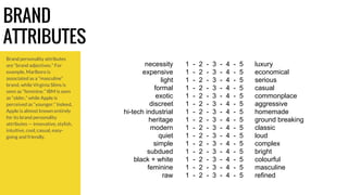 BRAND 
ATTRIBUTES 
Brand personality attributes 
are “brand adjectives.” For 
example, Marlboro is 
associated as a “masculine” 
brand, while Virginia Slims is 
seen as “feminine.” IBM is seen 
as “older,” while Apple is 
perceived as “younger.” Indeed, 
Apple is almost known entirely 
for its brand personality 
attributes — innovative, stylish, 
intuitive, cool, casual, easy-going 
and friendly. 
necessity 
expensive 
light 
formal 
exotic 
discreet 
hi-tech industrial 
heritage 
modern 
quiet 
simple 
subdued 
black + white 
feminine 
raw 
luxury 
economical 
serious 
casual 
commonplace 
aggressive 
homemade 
ground breaking 
classic 
loud 
complex 
bright 
colourful 
masculine 
refined 
1 - 2 - 3 - 4 - 5 
1 - 2 - 3 - 4 - 5 
1 - 2 - 3 - 4 - 5 
1 - 2 - 3 - 4 - 5 
1 - 2 - 3 - 4 - 5 
1 - 2 - 3 - 4 - 5 
1 - 2 - 3 - 4 - 5 
1 - 2 - 3 - 4 - 5 
1 - 2 - 3 - 4 - 5 
1 - 2 - 3 - 4 - 5 
1 - 2 - 3 - 4 - 5 
1 - 2 - 3 - 4 - 5 
1 - 2 - 3 - 4 - 5 
1 - 2 - 3 - 4 - 5 
1 - 2 - 3 - 4 - 5 
 