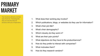 PRIMARY 
MARKET 
Your business attracts a certain 
type of person. Knowing who 
they are and why they do 
business with you is imperative. 
1. What does their working day involve? 
2. Which publications, blogs, or websites do they use for information? 
3. What’s their job title? 
4. What’s their demographic? 
5. Which industry do they work in? 
6. What are their pain points? 
7. What objections do they have to the product/service? 
8. How do they prefer to interact with companies? 
9. What motivates them? 
10. How do they research vendors? 
 