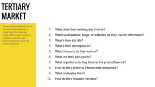 TERTIARY 
MARKET 
1. What does their working day involve? 
2. Which publications, blogs, or websites do they use for information? 
3. What’s their job title? 
4. What’s their demographic? 
5. Which industry do they work in? 
6. What are their pain points? 
7. What objections do they have to the product/service? 
8. How do they prefer to interact with companies? 
9. What motivates them? 
10. How do they research vendors? 
Many times overlooked, but the 
tertiary market allows us to 
understand the expanded 
needs of the market, and how 
the fringe clientele make 
decisions that can impact all 
market segments. 
 
