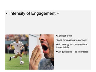 Intensity of Engagement + Connect often Look for reasons to connect Add energy to conversations immediately Ask questions – be interested 
