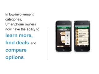In low-involvement
categories,
Smartphone owners
now have the ability to
learn more,
find deals and
compare
options.
 