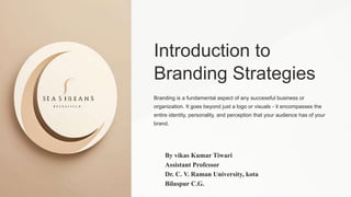 Introduction to
Branding Strategies
Branding is a fundamental aspect of any successful business or
organization. It goes beyond just a logo or visuals - it encompasses the
entire identity, personality, and perception that your audience has of your
brand.
By vikas Kumar Tiwari
Assistant Professor
Dr. C. V. Raman University, kota
Bilaspur C.G.
 