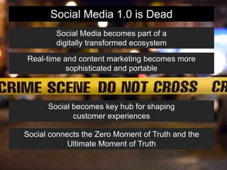 Social Media 1.0 is Dead
Social Media becomes part of a
digitally transformed ecosystem
Real-time and content marketing becomes more
sophisticated and portable
Social becomes key hub for shaping
customer experiences
Social connects the Zero Moment of Truth and the
Ultimate Moment of Truth
 