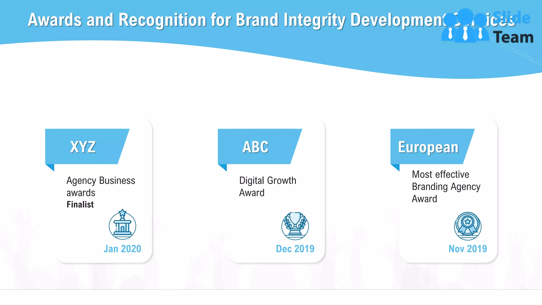 Awards and Recognition for Brand Integrity Development Services
19This slide is 100% editable. Adapt it to your needs and capture your audience's attention.
XYZ
Jan 2020
Agency Business
awards
Finalist
ABC
Dec 2019
Digital Growth
Award
European
Most effective
Branding Agency
Award
Nov 2019
 