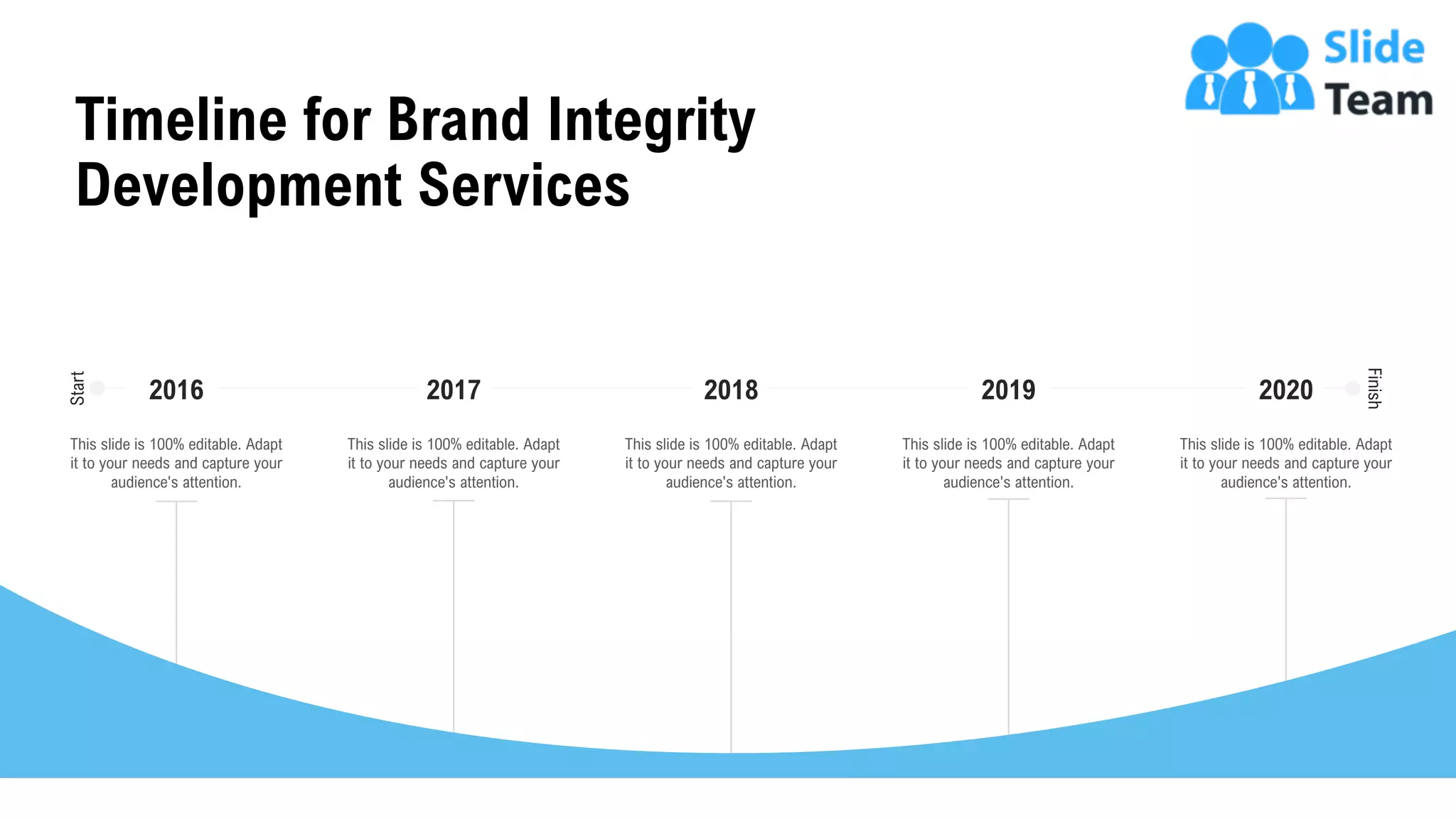 Start
Finish
This slide is 100% editable. Adapt
it to your needs and capture your
audience's attention.
2016
This slide is 100% editable. Adapt
it to your needs and capture your
audience's attention.
2017
This slide is 100% editable. Adapt
it to your needs and capture your
audience's attention.
2018
This slide is 100% editable. Adapt
it to your needs and capture your
audience's attention.
2019
This slide is 100% editable. Adapt
it to your needs and capture your
audience's attention.
2020
Timeline for Brand Integrity
Development Services
34
 