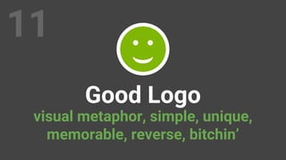 11
Good Logo
visual metaphor, simple, unique,
memorable, reverse, bitchin’
 
