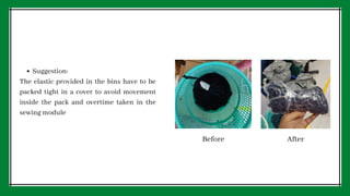 Suggestion:
The elastic provided in the bins have to be
packed tight in a cover to avoid movement
inside the pack and overtime taken in the
sewing module
Before After
 