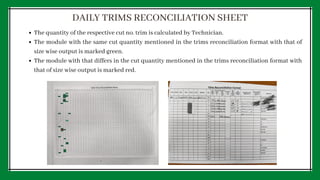 DAILY TRIMS RECONCILIATION SHEET
The quantity of the respective cut no. trim is calculated by Technician.
The module with the same cut quantity mentioned in the trims reconciliation format with that of
size wise output is marked green.
The module with that differs in the cut quantity mentioned in the trims reconciliation format with
that of size wise output is marked red.
 