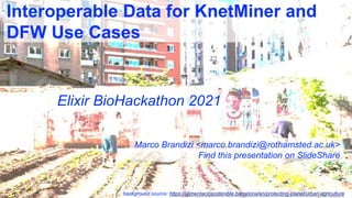 Interoperable Data for KnetMiner and
DFW Use Cases
Elixir BioHackathon 2021
Marco Brandizi <marco.brandizi@rothamsted.ac.uk>
Find this presentation on SlideShare
background source: https://alimentaciosostenible.barcelona/en/protecting-planet/urban-agriculture
 