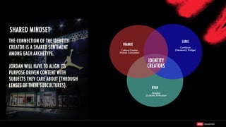 RYAN
FRANKIE
LORIS
IDENTITY
CREATORS
Culture Creator
(Future Consumer)
Sneaker
(Culture) Enthusiast
Cantilever
(Necessary Bridge)
THE CONNECTION OF THE IDENTITY
CREATOR IS A SHARED SENTIMENT
AMONG EACH ARCHETYPE.
JORDAN WILL HAVE TO ALIGN ITS
PURPOSE-DRIVEN CONTENT WITH
SUBJECTS THEY CARE ABOUT (THROUGH
LENSES OF THEIR SUBCULTURES).
SHARED MINDSET
 