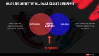 Identity creators seek
expression off the cusp of
change, which enables the
creation utopian subcultures.
Jordan is a subculture within itself,
and s always played a role in the
creation of subcultures via style
and relevance.
CONDUIT
& AMPLIFIER
SUPERPOWER
IDENTITY CREATORS BRAND JORDAN
WHAT IS THE SYNERGY THAT WILL ENABLE JORDAN’S SUPERPOWER
 
