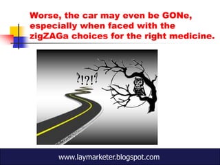 Worse, the car may even be GONe,
especially when faced with the
zigZAGa choices for the right medicine.




      www.laymarketer.blogspot.com
 
