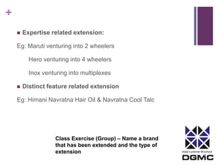 India’s premier M-school 
+ 
 Expertise related extension: 
Eg: Maruti venturing into 2 wheelers 
Hero venturing into 4 wheelers 
Inox venturing into multiplexes 
 Distinct feature related extension 
Eg: Himani Navratna Hair Oil & Navratna Cool Talc 
Class Exercise (Group) – Name a brand 
that has been extended and the type of 
extension 
 