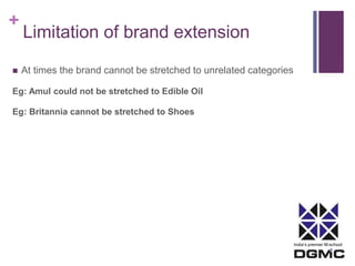 India’s premier M-school 
+ 
Limitation of brand extension 
 At times the brand cannot be stretched to unrelated categories 
Eg: Amul could not be stretched to Edible Oil 
Eg: Britannia cannot be stretched to Shoes 
 
