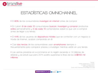 • El 80% de los consumidores investigan en internet antes de comprar.
• En Latam 8 de cada 10 consumidores buscan, investigan y compran productos
online semanalmente y 9 de cada 10 compradores saben lo que van a comprar
antes de llegar a la tienda.
• El 44% de los usuarios de dispositivos móviles que se contactan con un negocio a
través de Internet, acaban comprando en él.
• Casi dos tercios de los consumidores usan smartphones siempre o
frecuentemente para comparar precios o investigar mientras están en una tienda.
• Las ventas previstas en e-commerce en la región asciende a 1,6 billones de
dólares y se prevé que para 2014 podría superarse la línea de los US$100 mil
millones.
Fuentes:
Deloitte Development LLC (2013)
US Media Consulting (2012)
QDQ Media Blog (2013)
Estudio VISA AmericaEconomiaIntelligence (2012)
ESTADÍSTICAS OMNICHANNEL
 