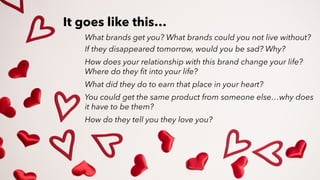 PERISCOPE | 10 of 24
PERISCOPE | 10 of 24
It goes like this…
What brands get you? What brands could you not live without?
If they disappeared tomorrow, would you be sad? Why?
How does your relationship with this brand change your life?
Where do they fit into your life?
What did they do to earn that place in your heart?
You could get the same product from someone else…why does
it have to be them?
How do they tell you they love you?
 