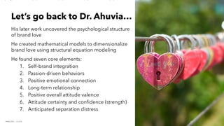 PERISCOPE | 12 of 24
PERISCOPE | 12 of 24
Let’s go back to Dr. Ahuvia…
His later work uncovered the psychological structure
of brand love
He created mathematical models to dimensionalize
brand love using structural equation modeling
He found seven core elements:
1. Self–brand integration
2. Passion-driven behaviors
3. Positive emotional connection
4. Long-term relationship
5. Positive overall attitude valence
6. Attitude certainty and confidence (strength)
7. Anticipated separation distress
 
