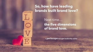 AMY SNOW | 23
So, how have leading
brands built brand love?
Next time…
the five dimensions
of brand love.
a periscope thought leadership series
 