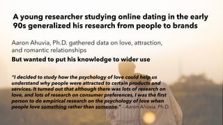 PERISCOPE | 3 of 24
PERISCOPE | 3 of 24
Aaron Ahuvia, Ph.D. gathered data on love, attraction,
and romantic relationships
But wanted to put his knowledge to wider use
“I decided to study how the psychology of love could help us
understand why people were attracted to certain products and
services. It turned out that although there was lots of research on
love, and lots of research on consumer preferences, I was the first
person to do empirical research on the psychology of love when
people love something rather than someone.” – Aaron Ahuvia, Ph.D.
A young researcher studying online dating in the early
90s generalized his research from people to brands
 