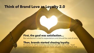 PERISCOPE | 5 of 24
PERISCOPE | 5 of 24
First, the goal was satisfaction…
But satisfaction is tied to expectations and should be cost of entry
Then, brands started chasing loyalty.
It’s easier to sell to existing customers than to new ones, loyal
customers spend more and are more valuable to the bottom line
Think of Brand Love as Loyalty 2.0
 