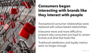 PERISCOPE | 8 of 24
PERISCOPE | 8 of 24
Consumers began
interacting with brands like
they interact with people
Transactional consumer relationships were
replaced with values-based relationships
It became more and more difficult to
pinpoint why consumers are loyal to certain
brands and what that looks like
Traditional satisfaction and loyalty metrics
were no longer enough
 
