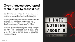 PERISCOPE | 9 of 24
PERISCOPE | 9 of 24
Looking to innovators both in and out of
category provides invaluable insights
We explore why consumers connect with
brands like Amazon, Anthropologie,
Sephora, Apple, Trader Joe’s, IKEA
We ask questions that yield deep insights
on why some brands break through and
what they do to earn a place in people’s
lives and hearts
Over time, we developed
techniques to tease it out.
 