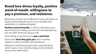 AMY SNOW | 21
Brand love may be more difficult to track and slower to
build, but the rewards are far more valuable than
satisfaction or traditional loyalty:
Positive word-of-mouth, or what is said about your
brand online (in reality, your brand is what people say
you are, NOT what you say you are)
How willing consumers are to pay a premium
How much slack they give you when mistakes
happen, as they inevitably do (resistance)
Beloved, trusted brands get more understanding,
which means minor shortcomings are less likely to
fracture the relationship
Brand love drives loyalty, positive
word-of-mouth, willingness to
pay a premium, and resistance.
 