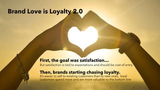 AMY SNOW | 5
First, the goal was satisfaction…
But satisfaction is tied to expectations and should be cost of entry
Then, brands starting chasing loyalty.
It’s easier to sell to existing customers than to new ones, loyal
customers spend more and are more valuable to the bottom line
Brand Love is Loyalty 2.0
 