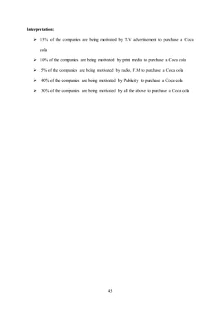 45
Interpretation:
 15% of the companies are being motivated by T.V advertisement to purchase a Coca
cola
 10% of the companies are being motivated by print media to purchase a Coca cola
 5% of the companies are being motivated by radio, F.M to purchase a Coca cola
 40% of the companies are being motivated by Publicity to purchase a Coca cola
 30% of the companies are being motivated by all the above to purchase a Coca cola
 
