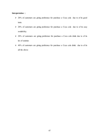 47
Interpretation :
 20% of customers are giving preference for purchase a Coca cola due to of its good
taste.
 20% of customers are giving preference for purchase a Coca cola due to of its easy
availability
 20% of customers are giving preference for purchase a Coca cola drink due to of its
lot of varieties
 40% of customers are giving preference for purchase a Coca cola drink due to of its
all the above
 