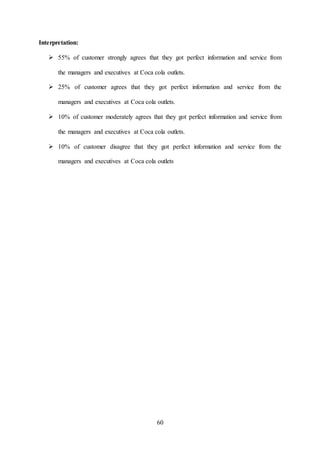 60
Interpretation:
 55% of customer strongly agrees that they got perfect information and service from
the managers and executives at Coca cola outlets.
 25% of customer agrees that they got perfect information and service from the
managers and executives at Coca cola outlets.
 10% of customer moderately agrees that they got perfect information and service from
the managers and executives at Coca cola outlets.
 10% of customer disagree that they got perfect information and service from the
managers and executives at Coca cola outlets
 