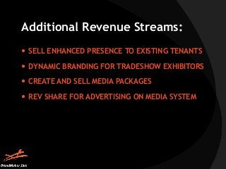 Additional Revenue Streams: 
 SELL ENHANCED PRESENCE TO EXISTING TENANTS 
 DYNAMIC BRANDING FOR TRADESHOW EXHIBITORS 
 ...