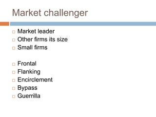 Market challengerMarket leaderOther firms its sizeSmall firmsFrontalFlankingEncirclementBypassGuerrilla