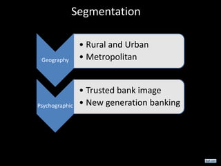 Segmentation
Geography
• Rural and Urban
• Metropolitan
Psychographic
• Trusted bank image
• New generation banking
 