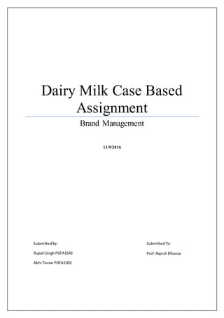 Dairy Milk Case Based
Assignment
Brand Management
11/9/2016
SubmittedBy:
Rupali SinghPGFA1543
Abhi Tomar PGFA1503
SubmittedTo:
Prof.RajeshElhance
 