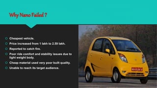 Why Nano Failed ?
 Cheapest vehicle.
 Price increased from 1 lakh to 2.59 lakh.
 Reported to catch fire.
 Poor ride comfort and stability issues due to
light weight body.
 Cheap material used very poor built quality.
 Unable to reach its target audience.
 