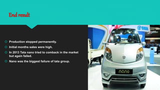 End result
 Production stopped permanently.
 Initial months sales were high.
 In 2013 Tata nano tried to comback in the market
but again failed.
 Nano was the biggest failure of tata group.
 