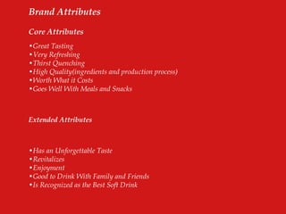 Brand Attributes
Core Attributes
•Great Tasting
•Very Refreshing
•Thirst Quenching
•High Quality(ingredients and production process)
•Worth What it Costs
•Goes Well With Meals and Snacks
Extended Attributes
•Has an Unforgettable Taste
•Revitalizes
•Enjoyment
•Good to Drink With Family and Friends
•Is Recognized as the Best Soft Drink
 
