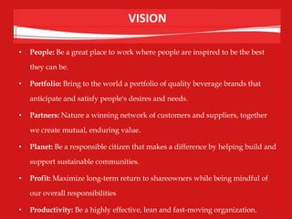 VISION
• People: Be a great place to work where people are inspired to be the best
they can be.
• Portfolio: Bring to the world a portfolio of quality beverage brands that
anticipate and satisfy people's desires and needs.
• Partners: Nature a winning network of customers and suppliers, together
we create mutual, enduring value.
• Planet: Be a responsible citizen that makes a difference by helping build and
support sustainable communities.
• Profit: Maximize long-term return to shareowners while being mindful of
our overall responsibilities
• Productivity: Be a highly effective, lean and fast-moving organization.
 